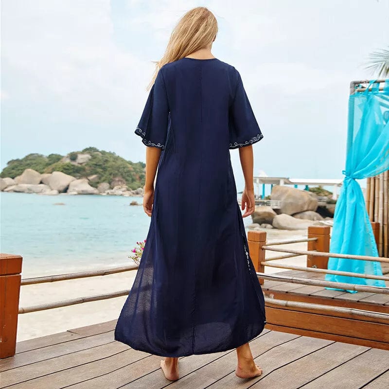 cambioprcaribe Dress Navy Blue / One Size Boho Chic Floral Embroidered Kaftan Dress